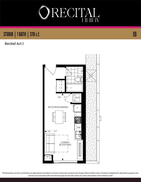 Floor plan for studio, 1 bath, 370 sqft